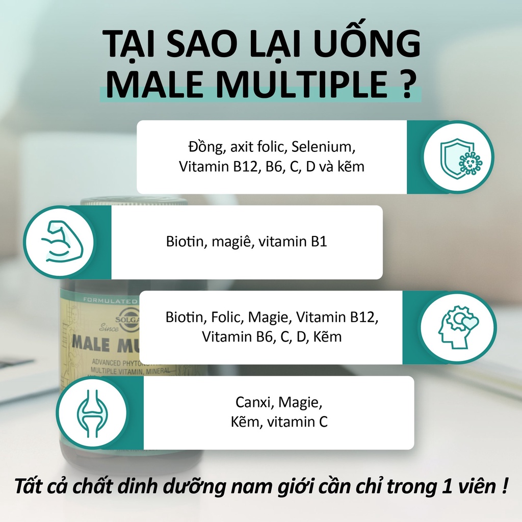 Viên uống Solgar Male Multiple - Giúp Tăng Cường Miễn Dịch, Giảm Stress, Chuyển Hóa Năng Lượng [Lọ 60 Viên]