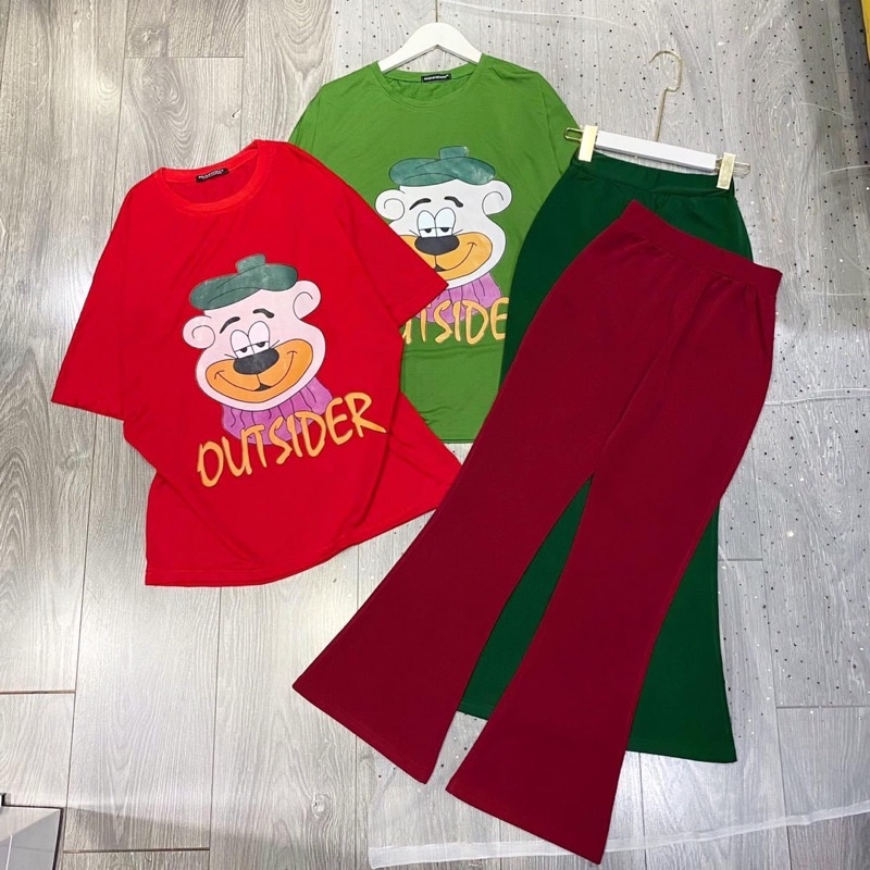Set Bộ Áo Phông Gấu OUTSIDER Quần Loe Suông Ảnh Thật