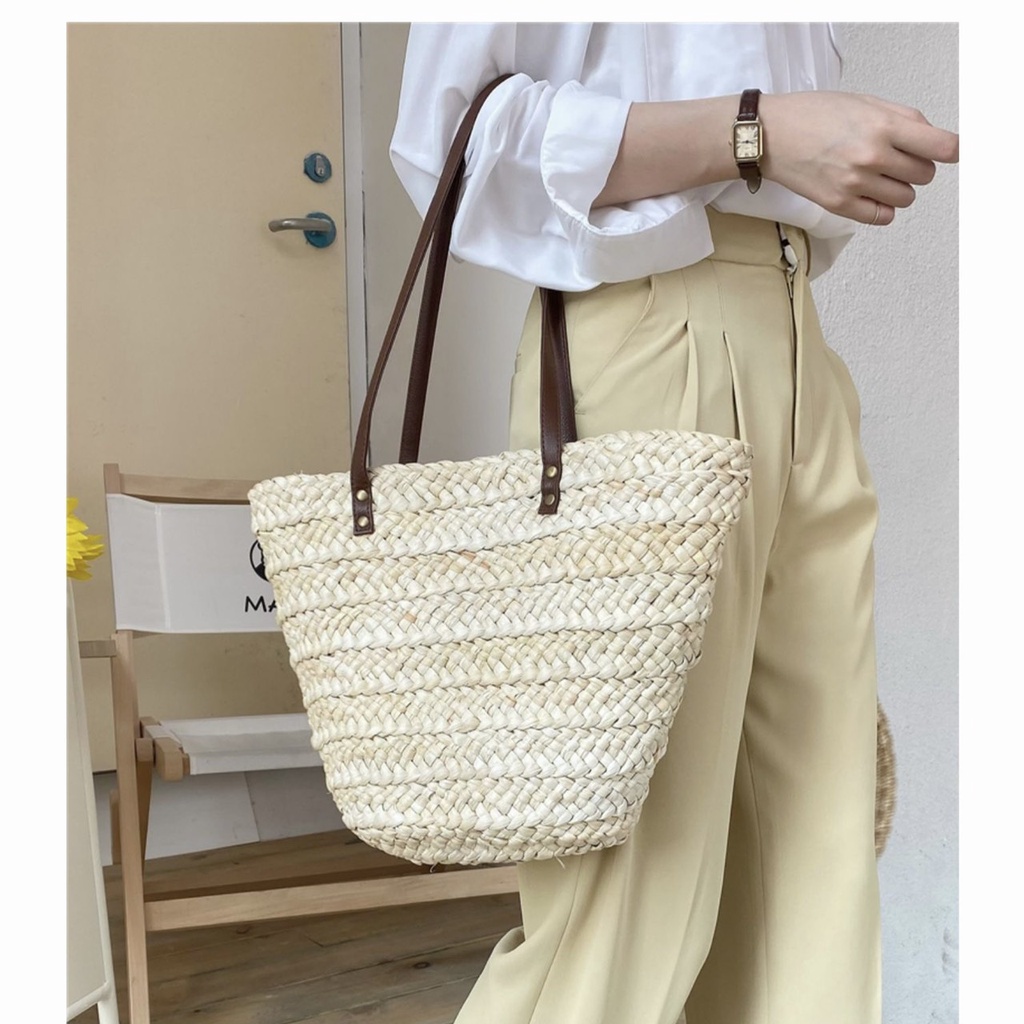Túi Xách Cói Tote Đeo Vai Cocoqueen Cỡ Lớn Hình Thang Vintage Dây Da