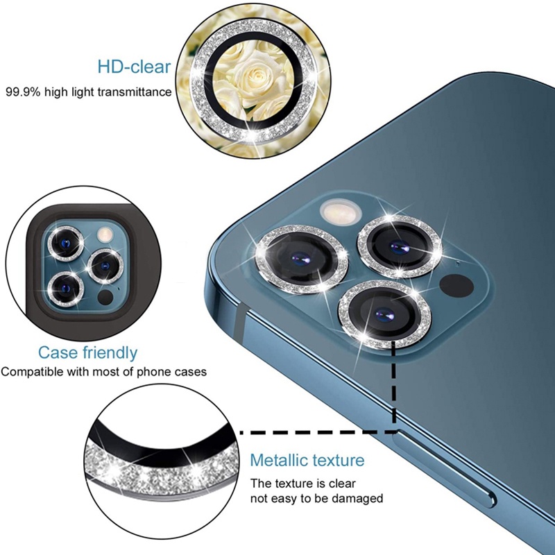 Ốp điện thoại mặt kính cường lực họa tiết kim cương bảo vệ camera cho iPhone 11 12 Pro Max 12 mini