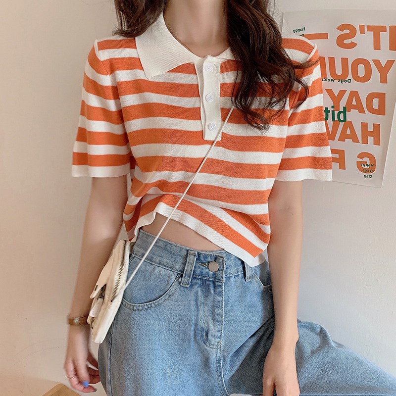 Áo thun ZHELIHANGFEI cổ polo dệt kim tay ngắn họa tiết sọc ngang thời trang cho nữ