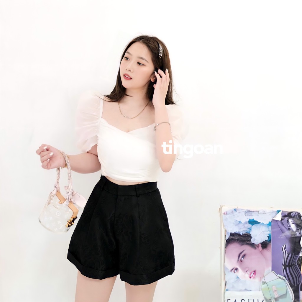 [Mã WABRTN153 giảm 12% đơn 250K] Quần short cạp cao gập gấu vải gấm đen tingoan LIBRA SHORT/BL