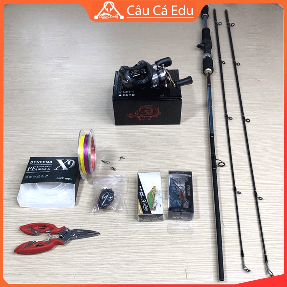 Combo Bộ Cần Câu Lure Máy Ngang 2 Khúc Fishing Catch Tặng Kìm, 3 Con Mồi Giả, Dù Pe X9, Khóa link