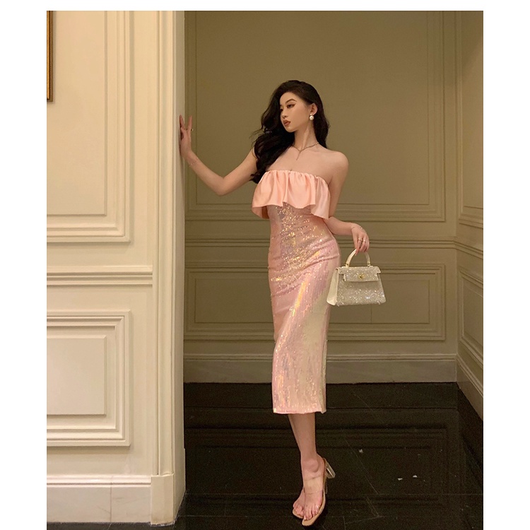 Đầm Cúp Ngực Ôm Dáng Đính Sequin Lấp Lánh Phong Cách Quyến Rũ Dành Cho Nữ