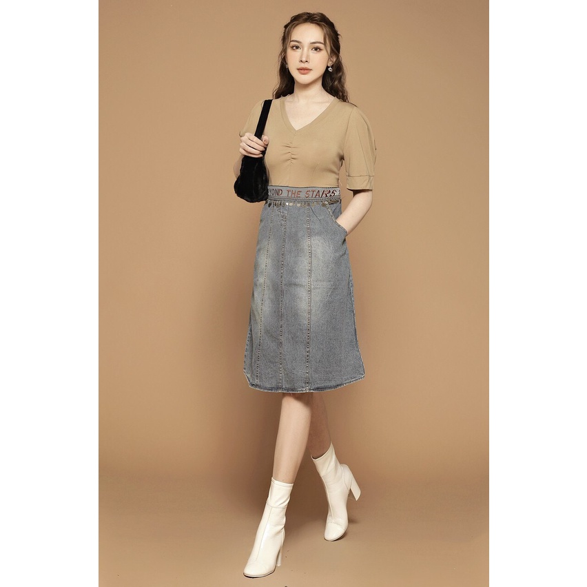 Đầm Dáng Suông Tay Ngắn Bigsize Jean Phối Thun Kèm Phụ Kiện Xinh Xắn Hàng Quảng Châu Cao Cấp