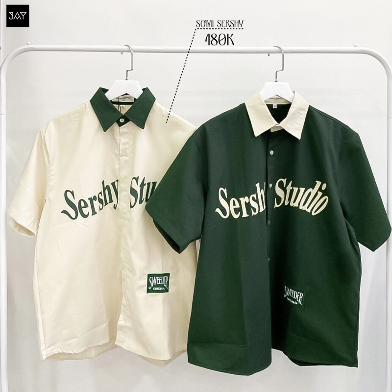 Sơmi tay lỡ SERSHY màu XANH LÁ/KEM Nam nữ unisex  Áo Sơ Mi form rộng style Ulzzang/ JayStoree2