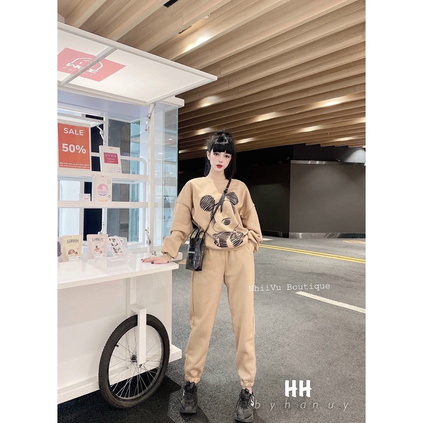 Sét Bộ Thun Gân Da Cá Tay Dài In Hình Chuột Mickey Thể Thao TTSA1472