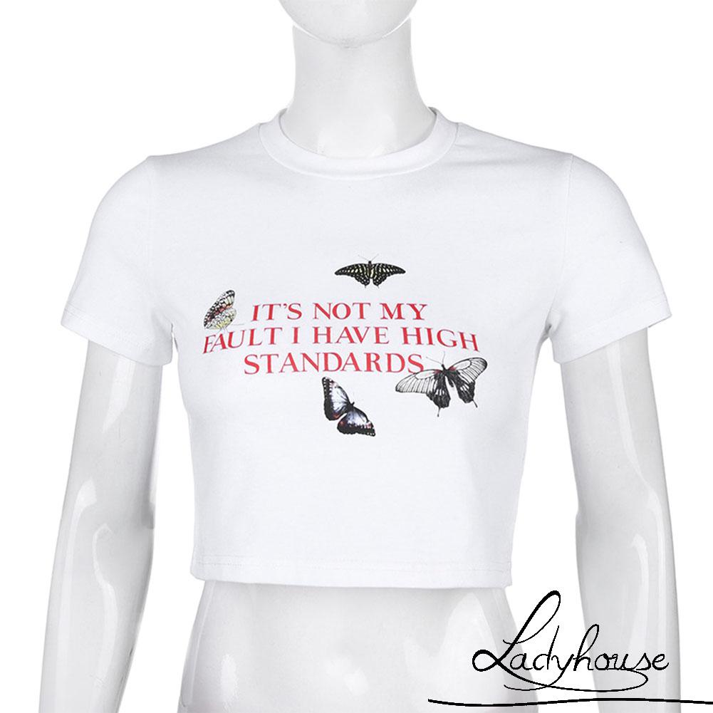 Áo Thun Crop Top Tay Ngắn Cổ Tròn In Họa Tiết Bướm Nhiều Màu Sắc Thời Trang Mùa Hè Dành Cho Nữ