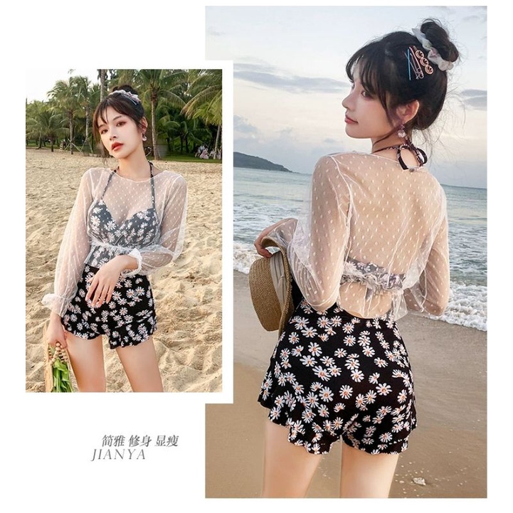 Hàng order - Bikini 1 mảnh hoa cúc kèm áo khoác voan trắng dễ thương