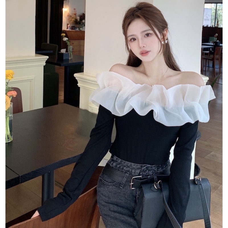 Áo Kiểu Tay Dài Trễ Vai Phối Lưới Thời Trang Mùa Hè Quyến Rũ Cho Nữ