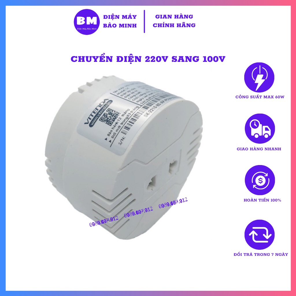 Bộ Đổi Nguồn 220V Sang 110V Công Suất Thực 80VA (70w) Nguồn Đồng Xịn Vitenda - BH 12 tháng