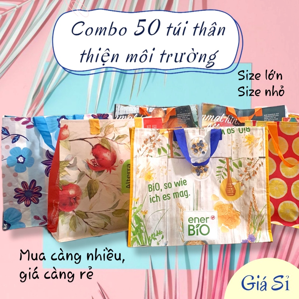 COMBO 50 TÚI TÁI CHẾ, THÂN THIỆN MÔI TRƯỜNG, SIÊU RẺ, SIÊU TIẾT KIỆM, TÚI PP DỆT, LAU CHÙI ĐƯỢC, KHÔNG THẤM NƯỚC