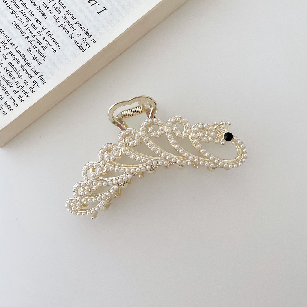 Kẹp gắp tóc bằng hợp kim hình chim công đính đá ngọc trai nhân tạo phong cách Hàn Quốc