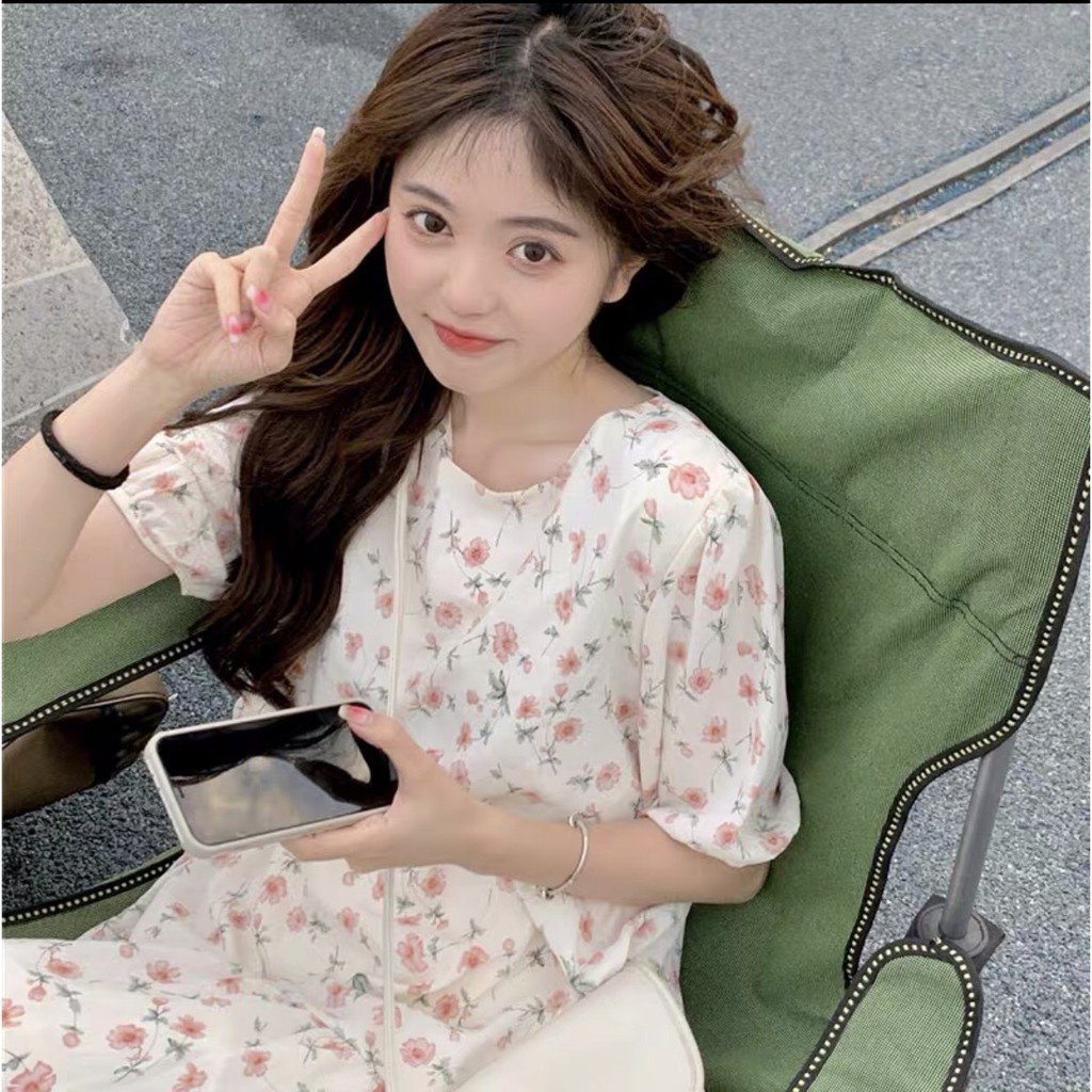 Đầm - Váy babydoll hoa nhí dáng xòe cổ tròn tay bồng ulzzang