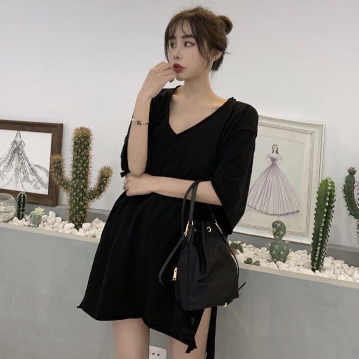 Áo thun tay lỡ form thụng cổ tim xẻ vạt có túi ngực vải cotton giấy cao cấp Bingshop