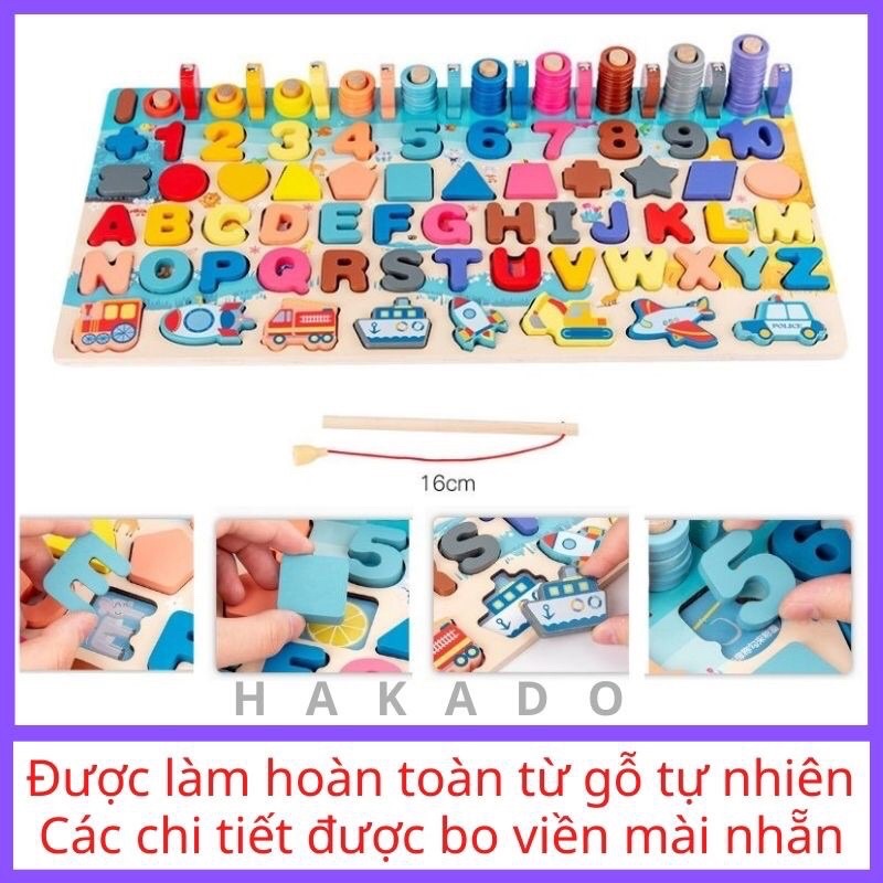 Bộ bảng gỗ câu cá và ghép hình học,chữ số,chữ cái,đồ chơi phát triển trí tuệ cho bé SAPO KIDS