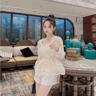 🍃 ÁO REN HOA CÚC CỔ VUÔNG BO EO‼️