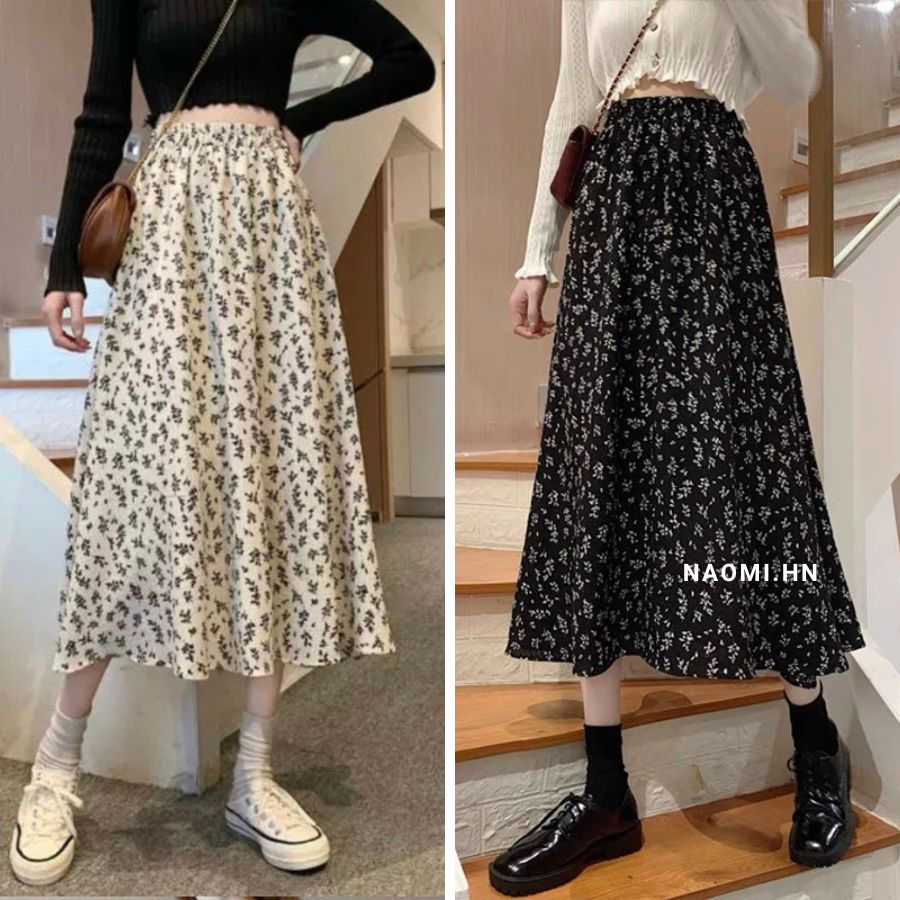 Chân váy hoa nhí dáng dài phong cách vintage chân váy dáng dài hoa nhí siêu đẹp hot trend màu đen trắng HOTHIT.