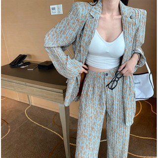 Set áo blazer quần dài xanh hoa dập nhăn sang chảnh (có hình thật)