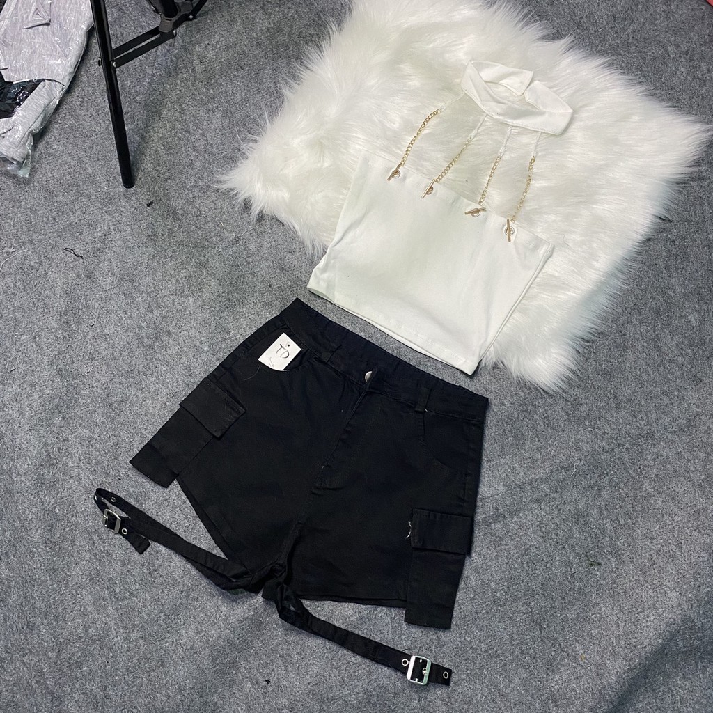 Set áo yếm choker dây xích quần short kaki đính khoen rời siêu hot - set đồ phối sẵn