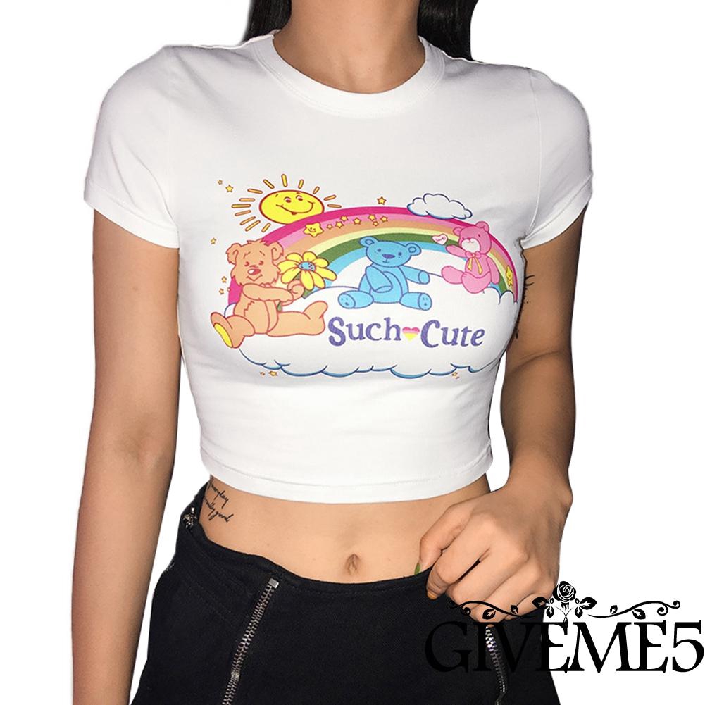 Áo Croptop Tay Ngắn Cổ Tròn In Hình Gấu Hoạt Hình Đáng Yêu Cho Nữ