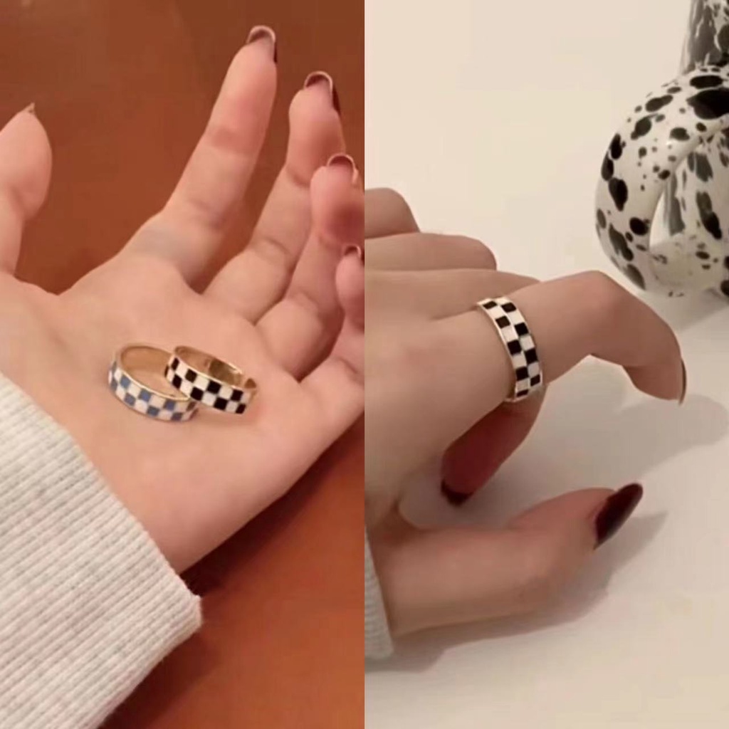 Nhẫn Hở Hai Màu Họa Tiết Bàn Cờ Thời Trang Đơn Giản Có Thể Điều Chỉnh