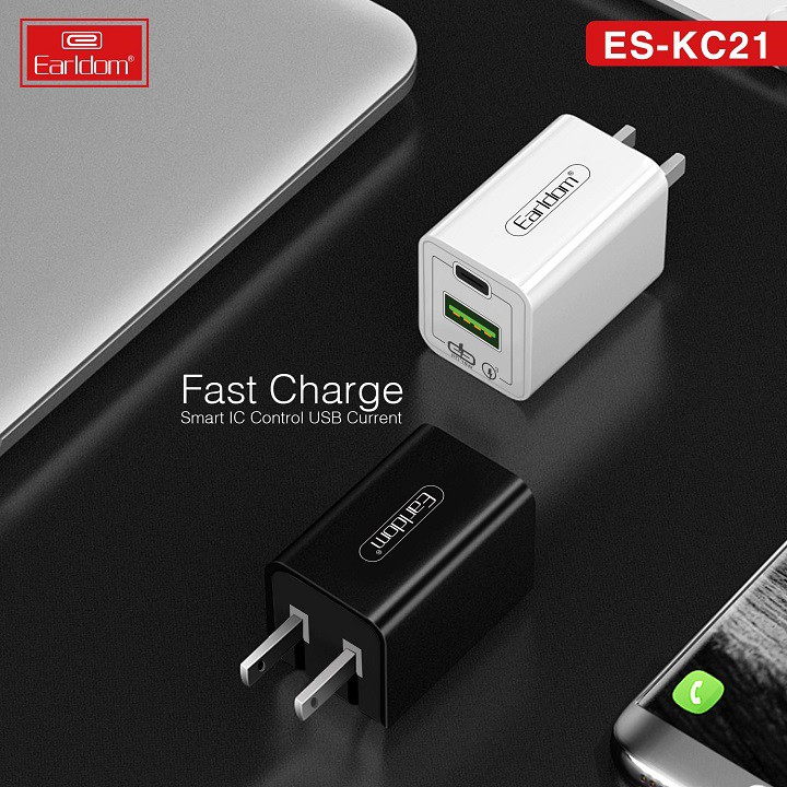 Củ sạc Earldom KC21 hỗ trợ 2 cổng đầu ra USB và USB type C thiết kế nhỏ gọn tiện lợi chống vân tay