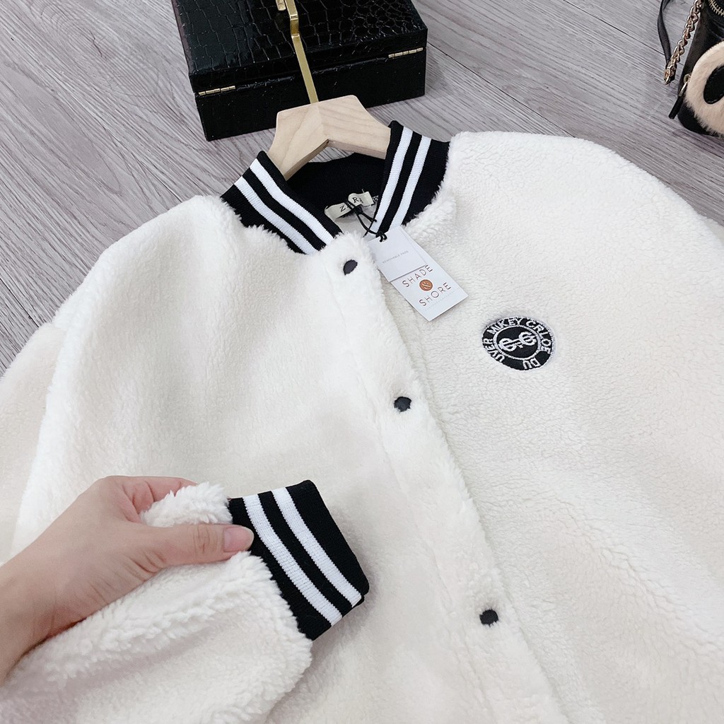 Áo Bomber Lông Cừu Thêu Chữ G G ❤ Áo Khoác Nữ Lông Dày Dặn Không Xù DH