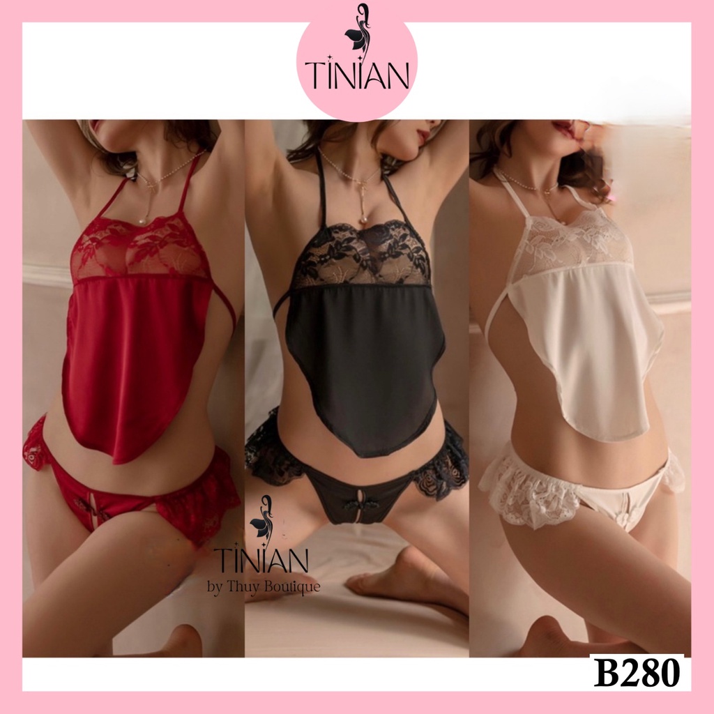Bộ ngủ lụa cosplay yếm sexy TINIAN gợi cảm xuyên thấu phối ren quyến rũ B280