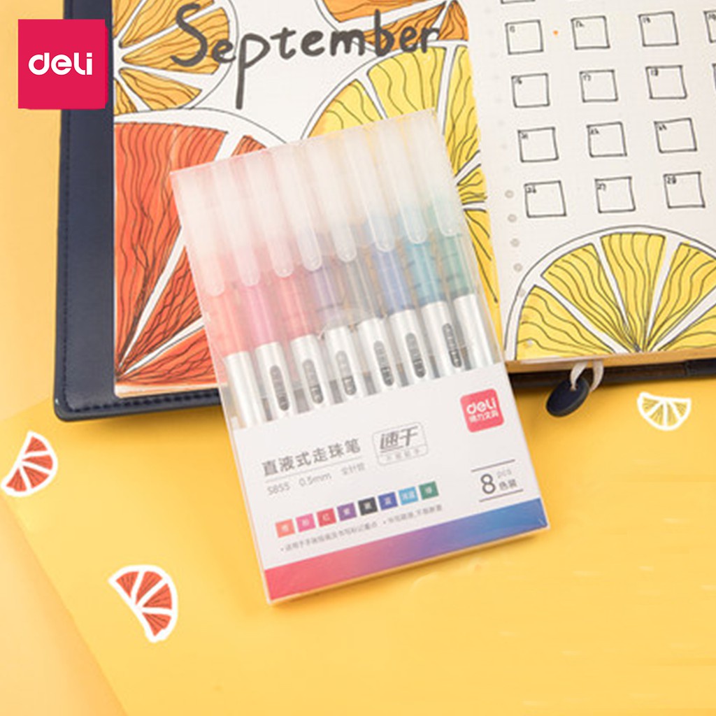 Bộ bút mực gel Deli 8 màu nhanh khô vỏ đáng yêu dùng cho trường học/ văn phòng