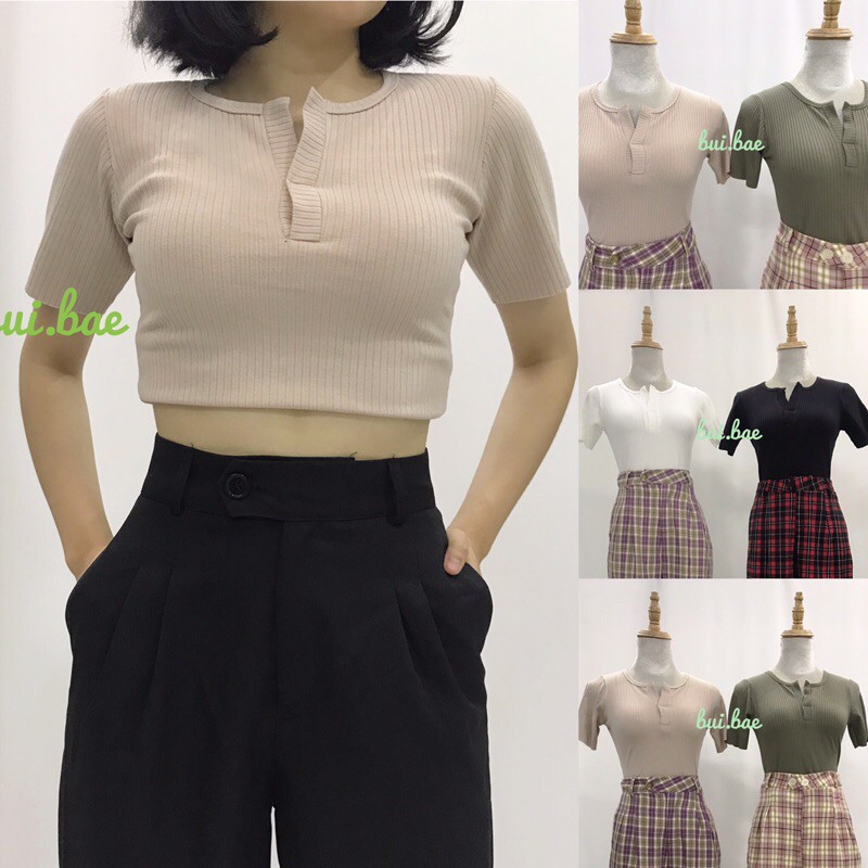 Áo crop top phối cổ V anh that(kèm video)