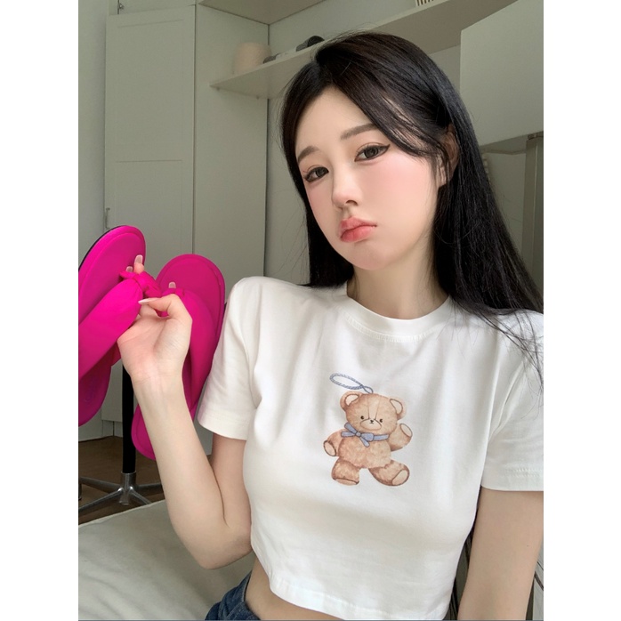 Áo Thun Tay Ngắn In Hình Gấu Dễ Thương Phong Cách Hàn Quốc Dành Cho Nữ