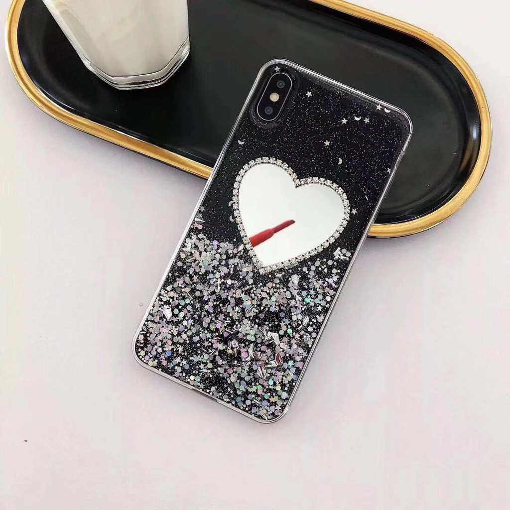 OPPO A5S A7 A1K Reno Ace Z 10X Zoom K3 A57 A39 A83 A1 R15 F1 F3 Plus Heart Shape Makeup Mirror Bling Soft TPU Phone Case