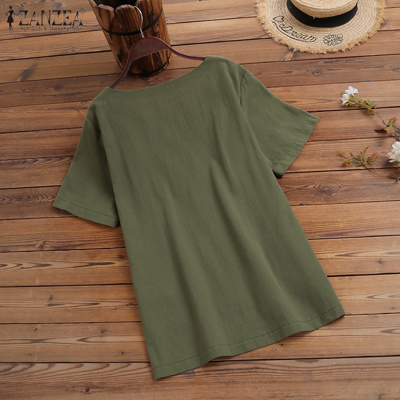 Áo kiểu ZANZEA từ cotton tay ngắn cổ chữ V dáng rộng màu trơn tùy chọn thời trang cho nữ