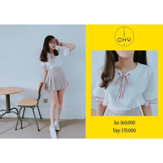 Áo voan cổ thắt nơ ruy băng