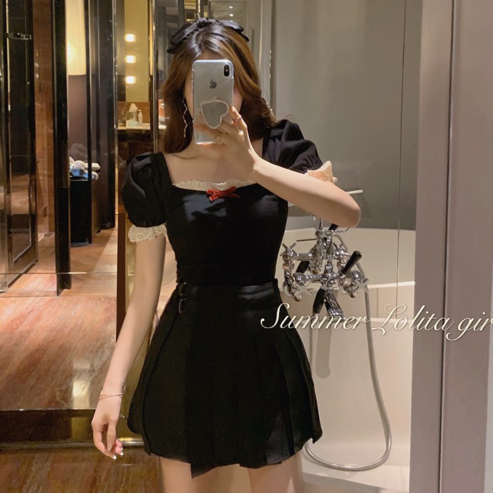 Xiaozhainv Đầm/chân váy/áo dệt kim ngắn tay cổ vuông phối ren thời trang Hàn Quốc | BigBuy360 - bigbuy360.vn