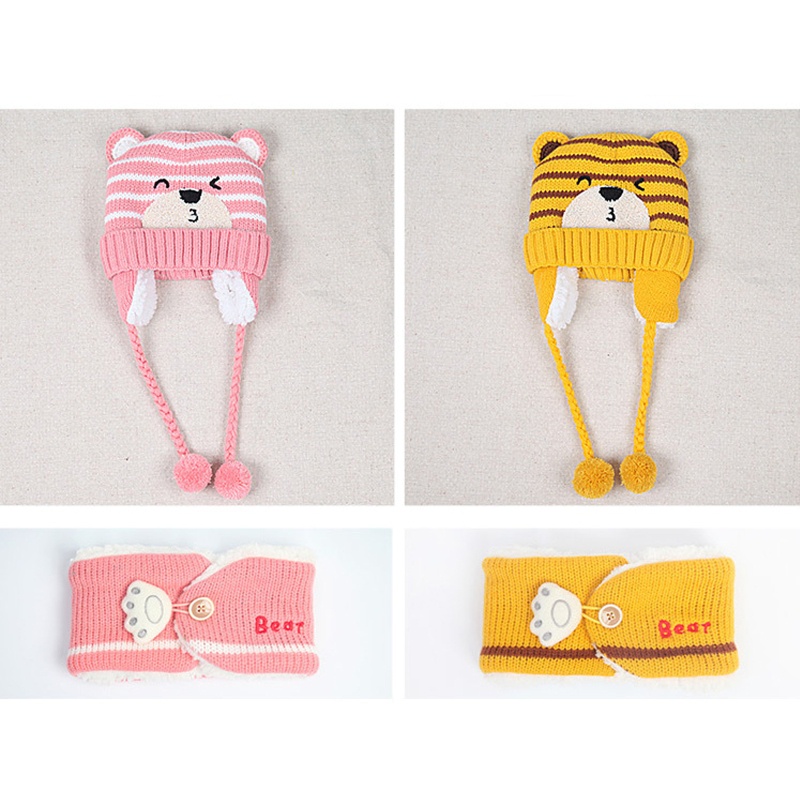 Set 2 Mũ Dệt Kim Mềm Giữ Ấm Mùa Thu Đông In Họa Tiết Gấu Dễ Thương Cho Bé Trai + Gái