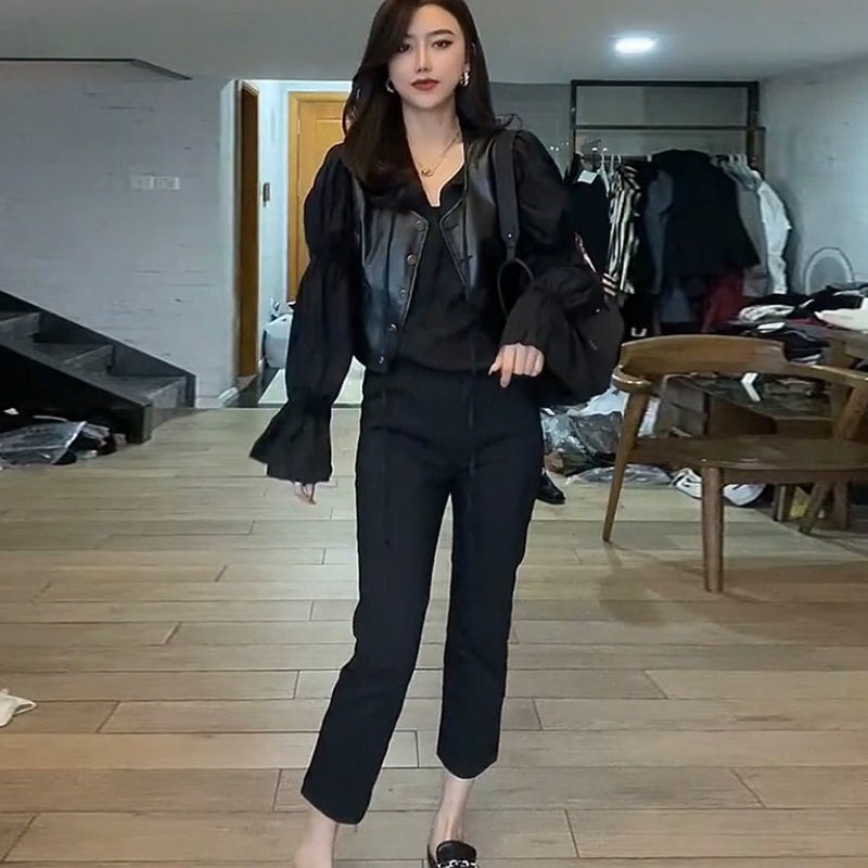 Bộ áo sơ mi tay dài phồng và áo sát nách da PU mẫu phong cách Pháp retro thời trang mùa thu cho nữ