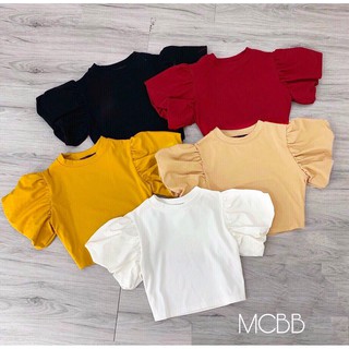 Mcbb - 24-49 kg 100% vải cotton áo kiểu cho bé gái croptop trơn áo tay phồng áo thun bé gái ngắn thời trang nữ blouse bộ