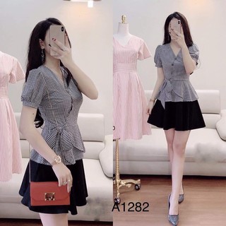 Sét áo caro cột nơ eo và chân váy xòe siêu xinh