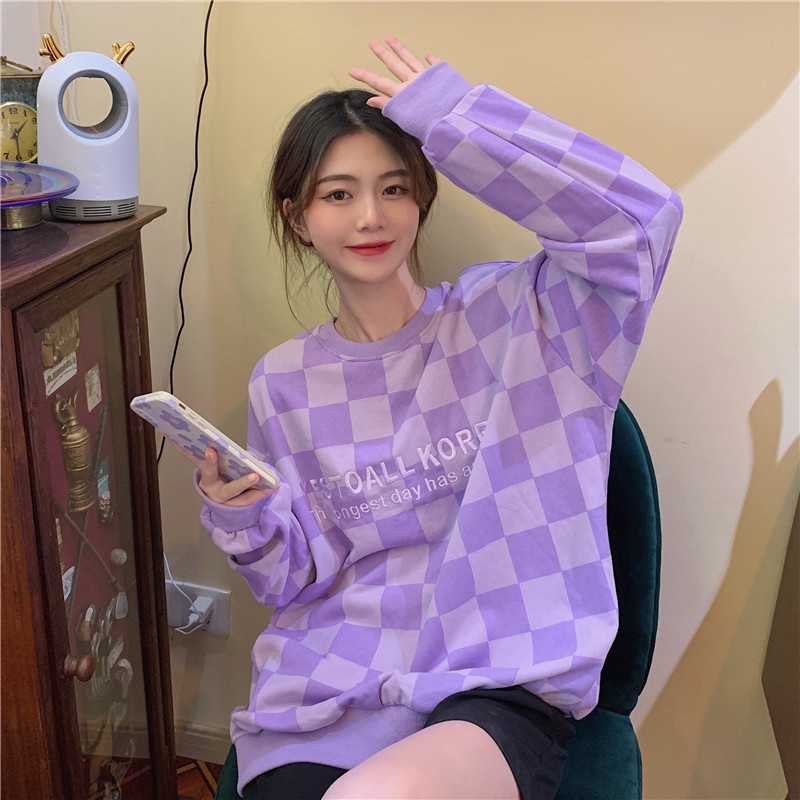 Áo sweater tay dài dáng rộng sọc ca rô phối màu sắc tương phản trẻ trung thời trang dành cho nữ | BigBuy360 - bigbuy360.vn