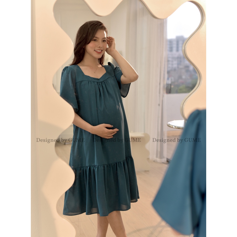 Váy Bầu Công Sở, Đầm Bầu ĐŨI HÀN XANH CỔ VỊT TAY CỘC ĐUÔI CÁ - GM013