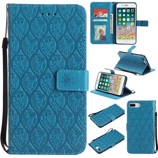 For iPhone 7 Plus/8 Plus Blue Lanyard Relief Flower Leather Flip Case