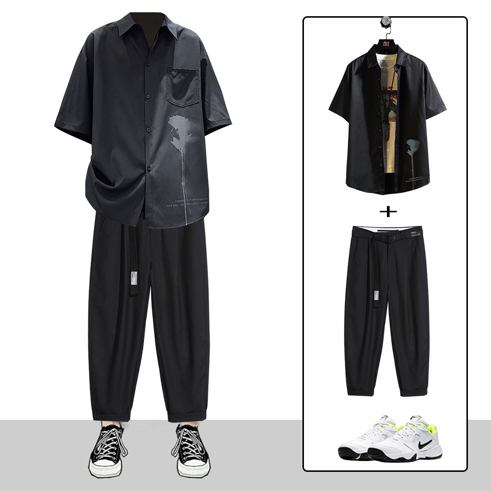 Combo Áo Sơ Mi Ngắn Tay Hoa Hồng Kết Hợp Quần Tây Âu Chinos Dáng Baggy 3 Màu Basic SEPTEMBERGIRL SOMI 41 + JOGGER 66 - H