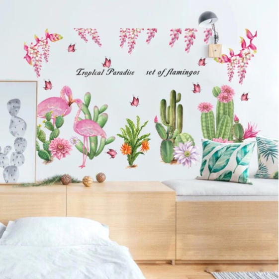 Decal giấy dán tường mẫu Con Hạc Hông và xương rồng lớn bắc âu