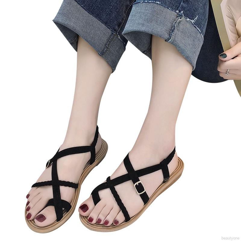 Giày Sandal Nữ Xỏ Ngón Đế Bệt Chống Trượt Đính Hoa Trang Trí