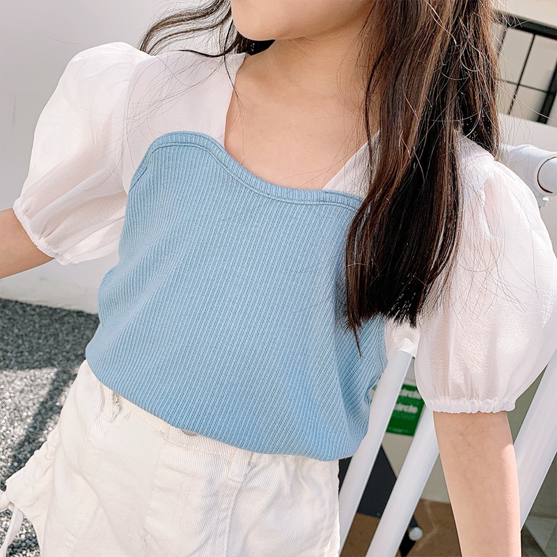 Áo Chiffon Dệt Kim Tay Phồng Cổ Vuông Phong Cách Retro Dành Cho Nữ