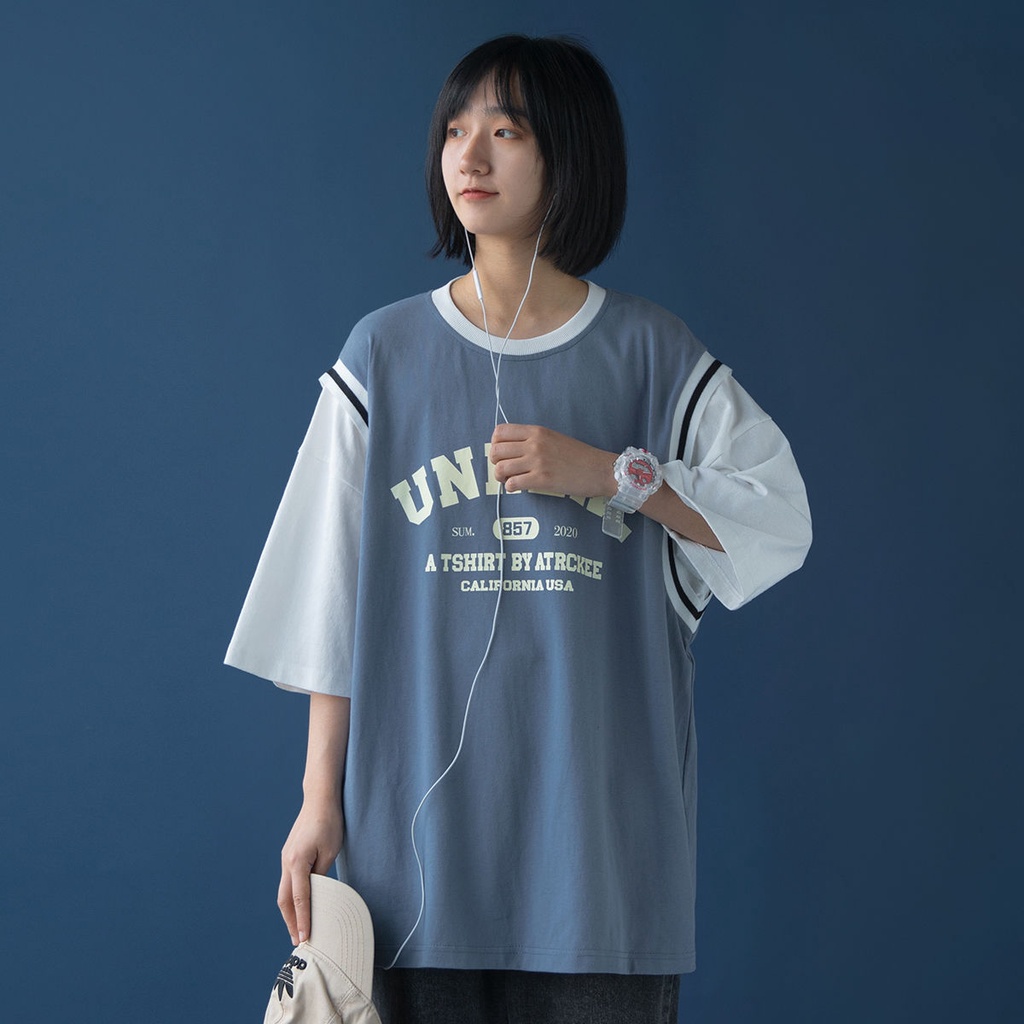 Áo thun dáng rộng tay ngắn giả 2 lớp thời trang cho nữ