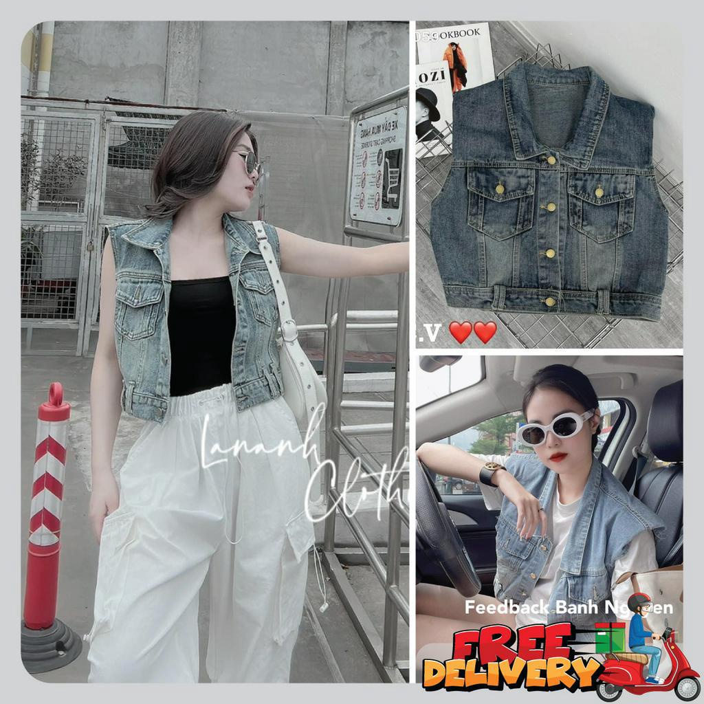 Áo Ghile jean không tay cho nữ, áo bò DENIM crotop xanh, áo jean nữ cá tính