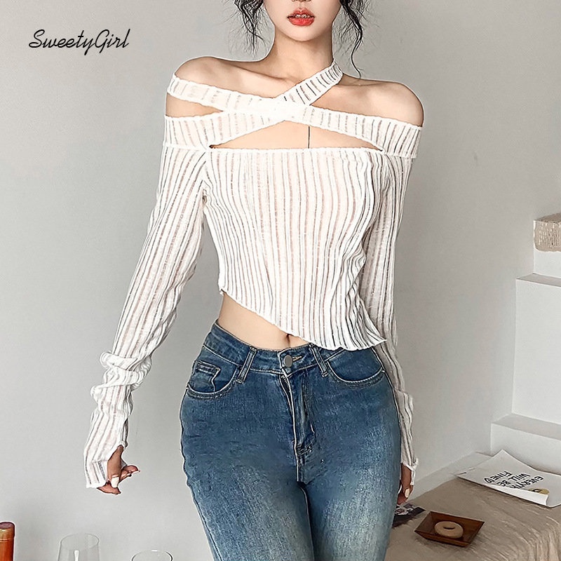 Áo Thun Crop Top Tay Dài Dáng Ôm Màu Trơn Lệch Vai Quyến Rũ Thời Trang 2022 Cho Nữ